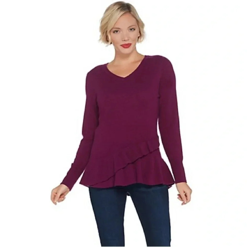 NWOT Isaac Mizrahi Live Purple Cashmere Ruffle Sweater